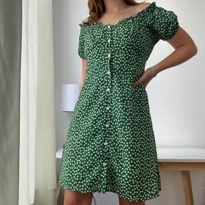 Floral Green Button-Up Mini Dress, Off the Shoulder